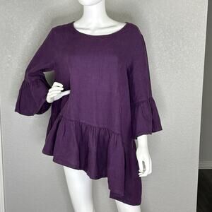 Bryn Walker Women's Franci Top 100% Linen Asymmetrical Hem Purple Size S